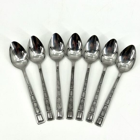 Lifetime Stainless Flatware SILVER LEAVES Japan/Korea NOS 7 Teaspoons MCM - Picture 2 of 9